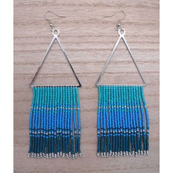 Hand Crafted Jewelry - Earrings Beaded Silver Triangle Multicolored